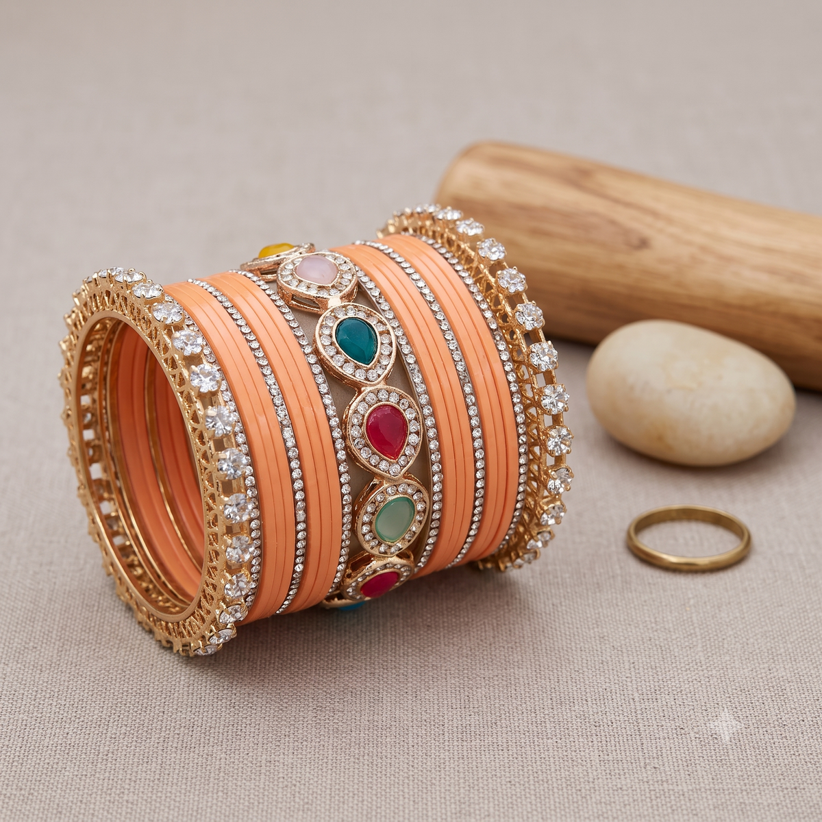 AYSIMA Aarohi Peach Bridal Bangle Set with Multicolour Kada