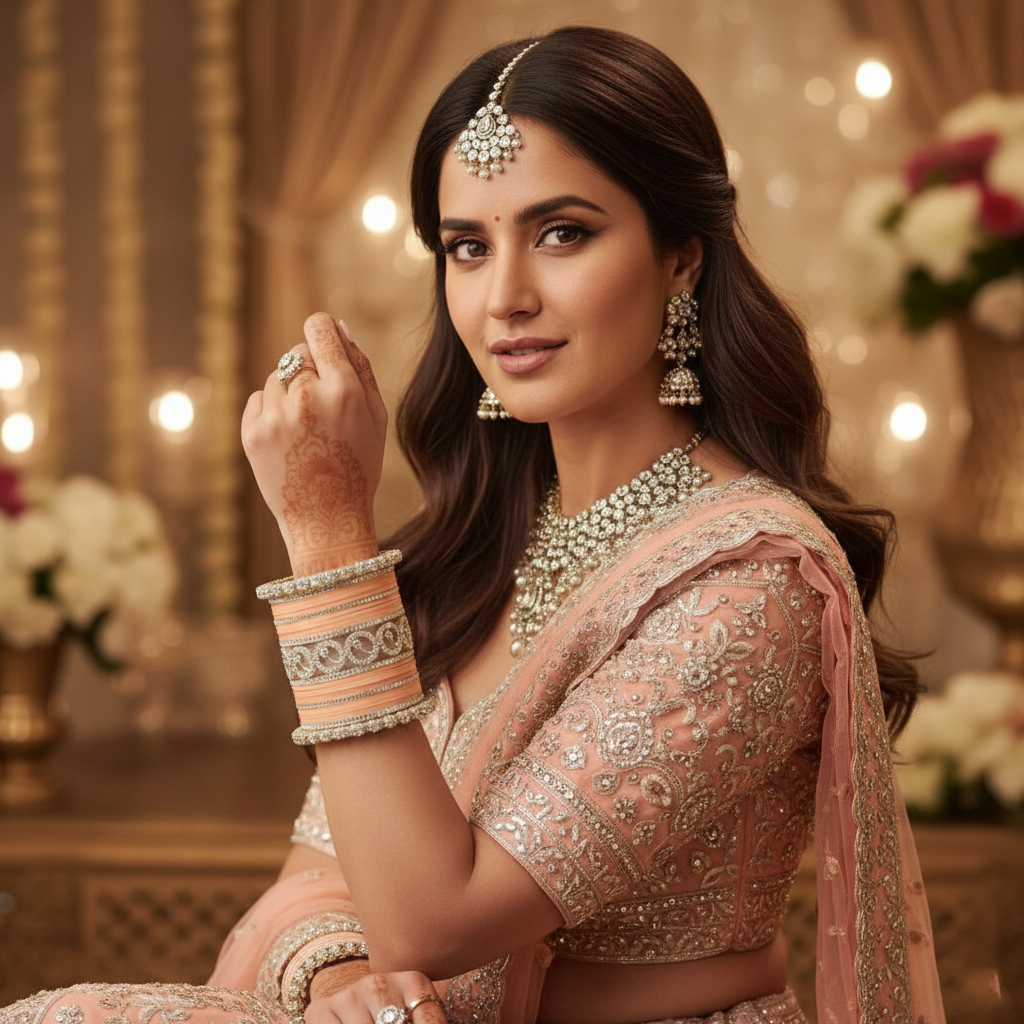 AYSIMA Aditi – Peach Bridal Bangles with Gold-Tone Floral Kadas - 42 pieces