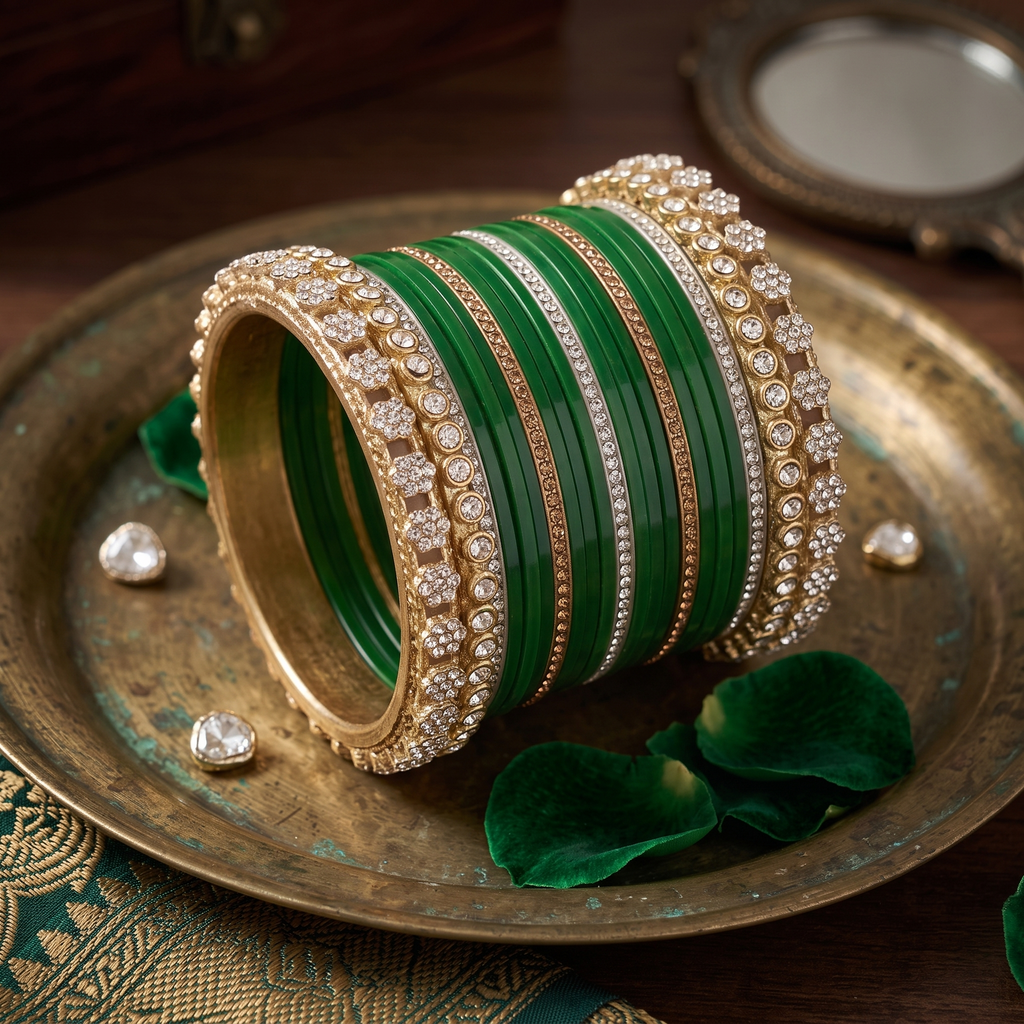 AYSIMA Emerald Green Heritage – 42-Piece Bangle Set with Designer Kadas