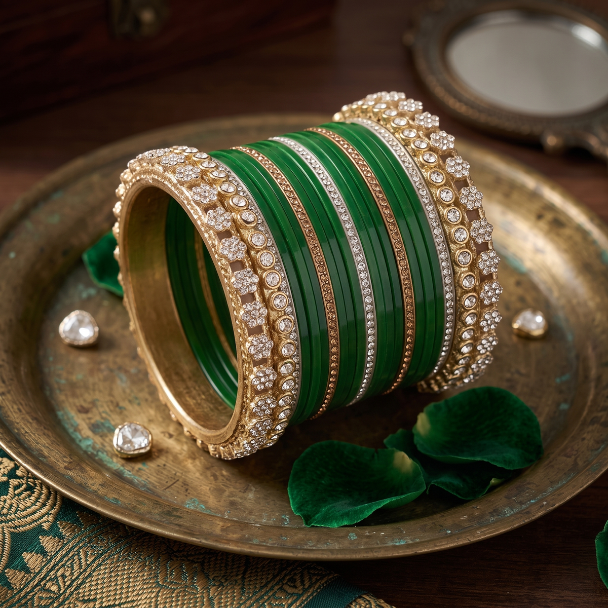 AYSIMA Emerald Green Heritage – 42-Piece Bangle Set with Designer Kadas