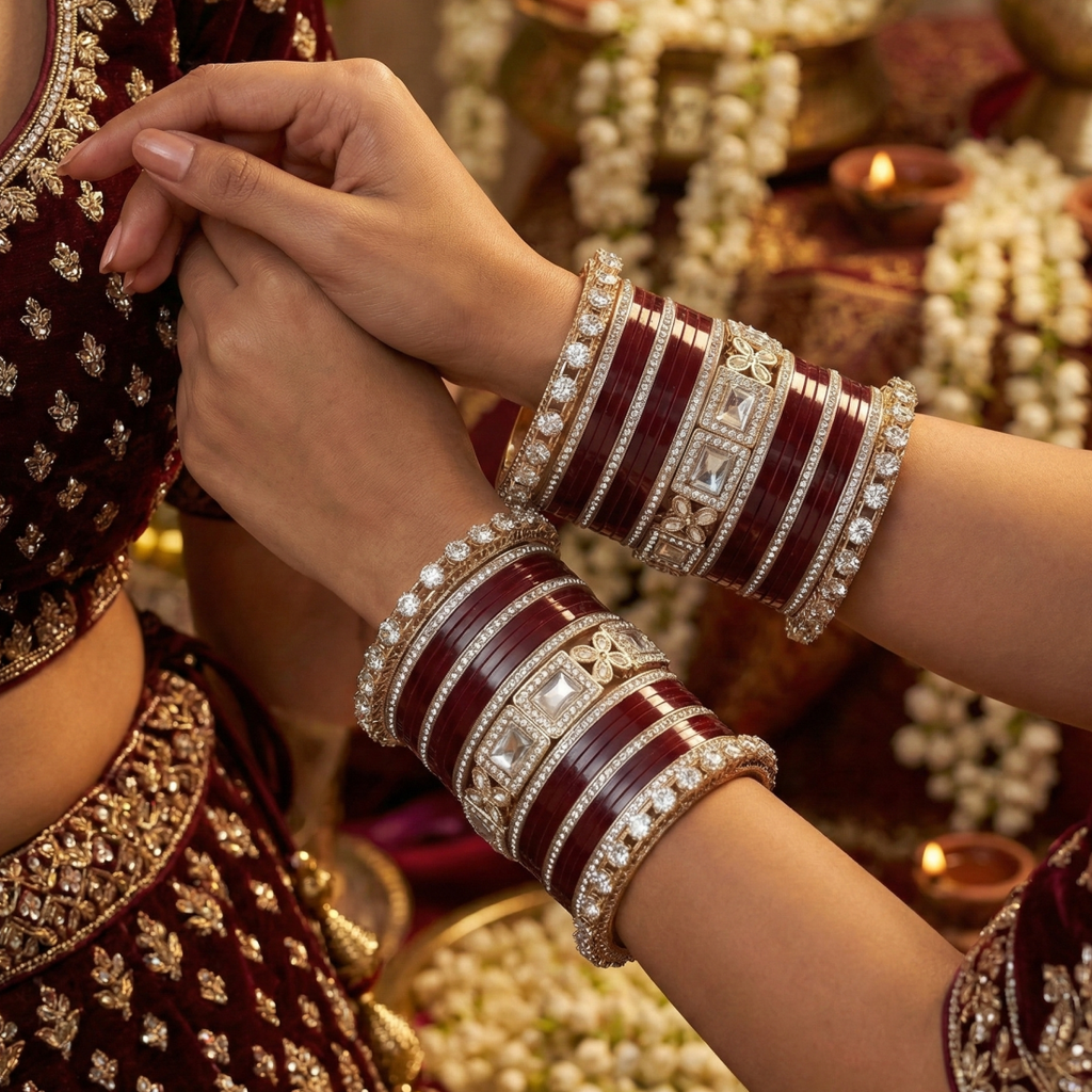 AYSIMA Raagini Maroon Bridal Bangle Set for Women | Wedding Bangles & Floral Kadas
