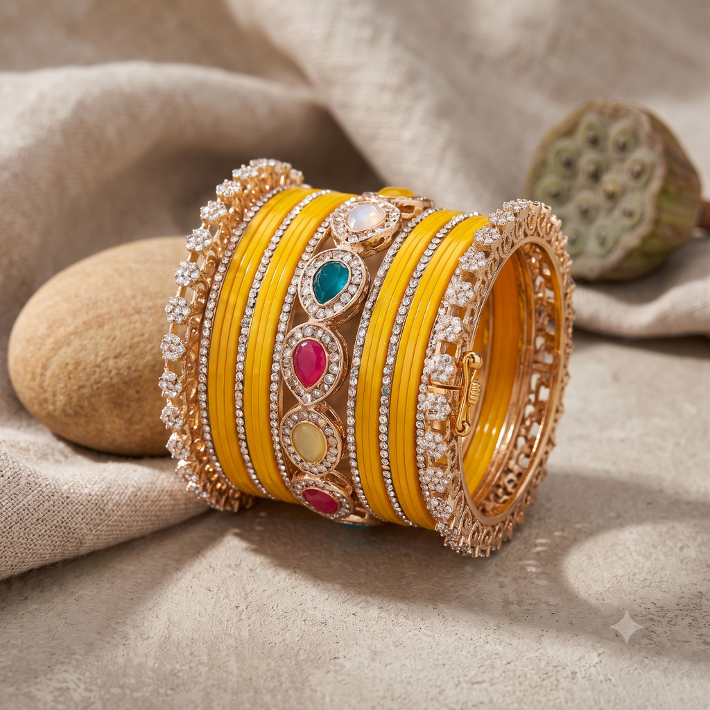 AYSIMA Kanika Yellow Haldi Bangle Set with Multicolour Bridal Kada