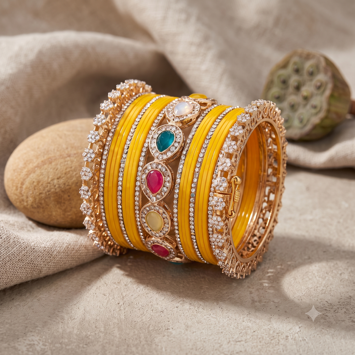 AYSIMA Kanika Yellow Haldi Bangle Set with Multicolour Bridal Kada