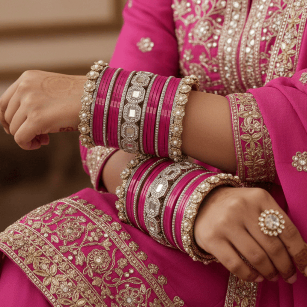AYSIMA Rani Royale – Pink Bridal 42-Piece Bangle Set with Statement Kada
