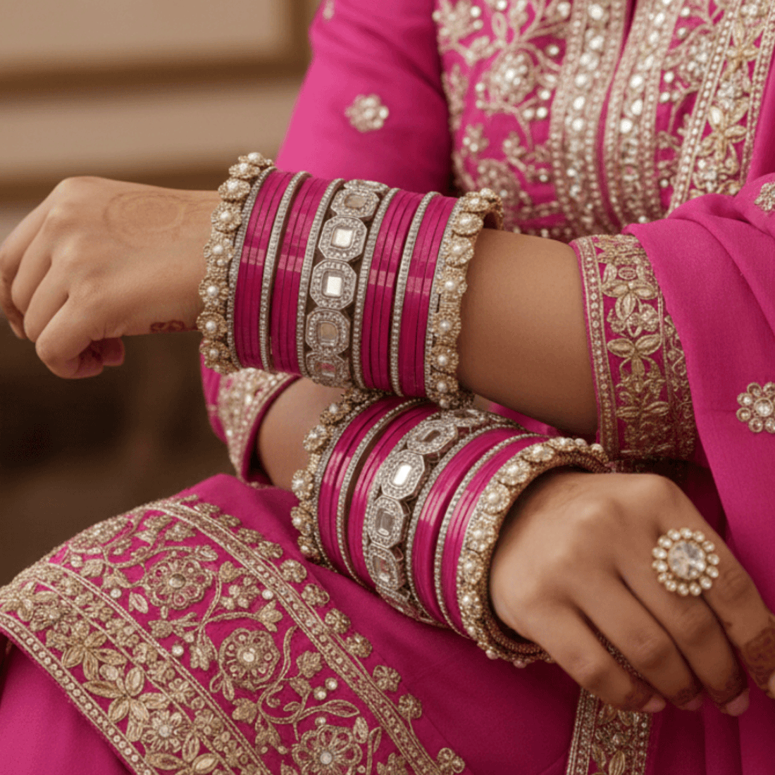 AYSIMA Rani Royale – Pink Bridal 42-Piece Bangle Set with Statement Kada