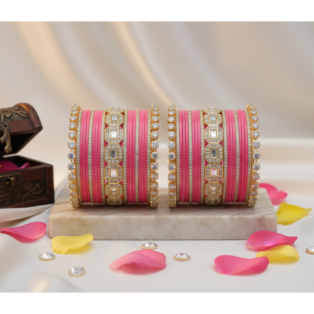 AYSIMA Rose Radiance – Pink 42-Piece Bridal Bangle Set with Designer Kada