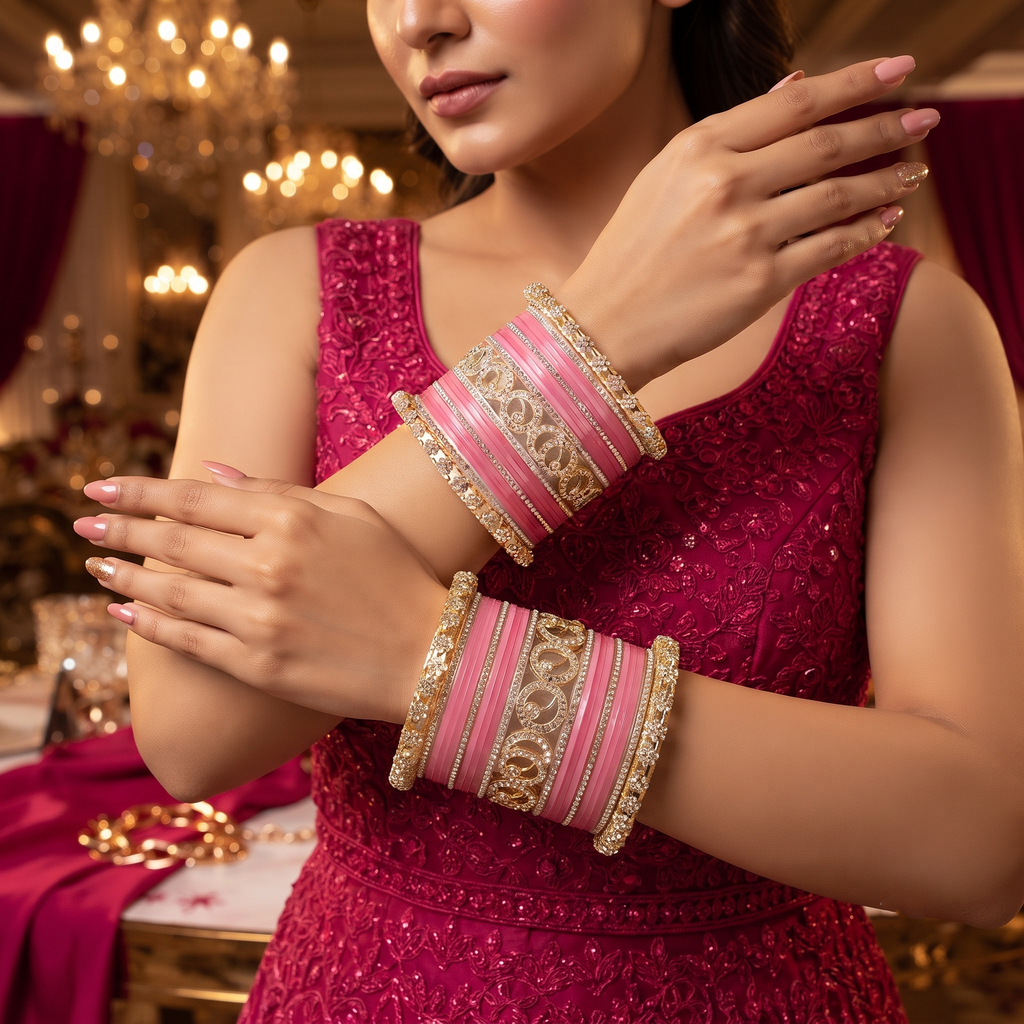 AYSIMA Gauri – Pink Bridal Bangle Set with Gold-Tone Floral Kadas - 42 pieces