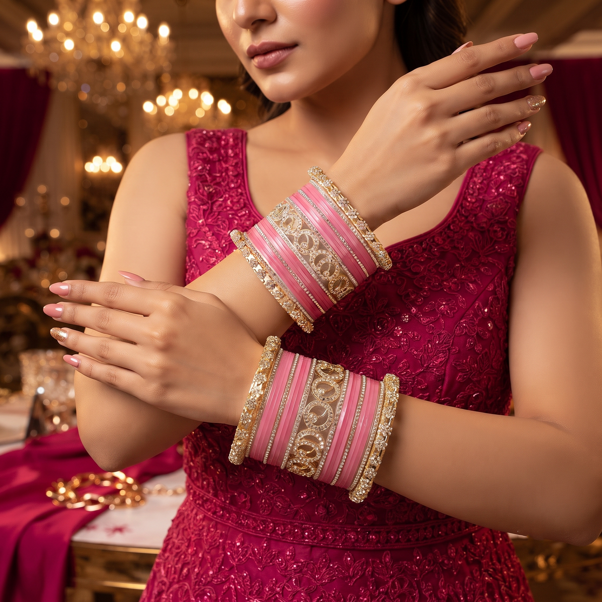 AYSIMA Gauri – Pink Bridal Bangle Set with Gold-Tone Floral Kadas - 42 pieces