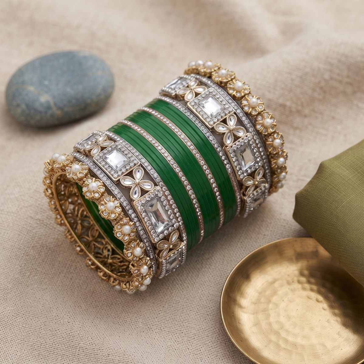 AYSIMA Aparna – Green Bridal Bangles with Floral Kadas & Pearl-Look Accents - 40 pieces