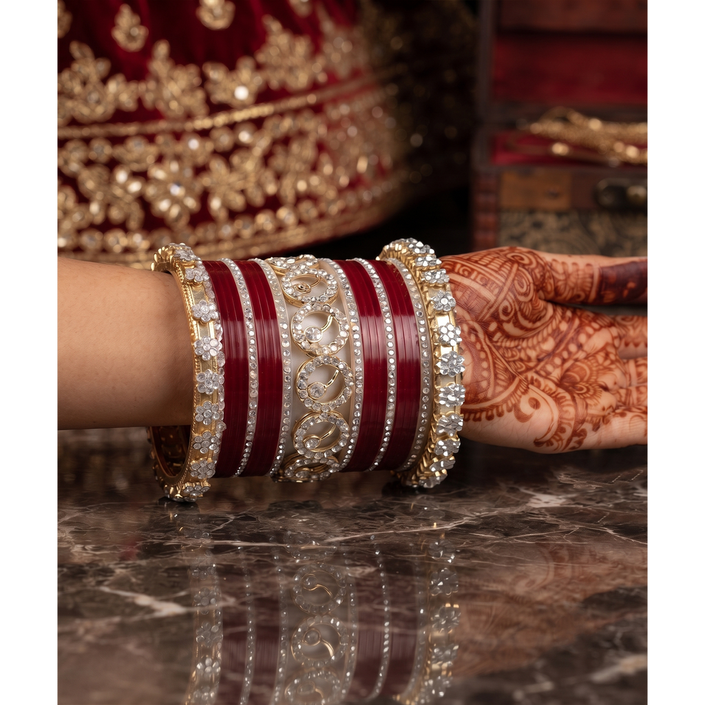 AYSIMA Samaira – Maroon Bridal Bangle Set with Gold-Tone Floral Kadas - 42 pieces