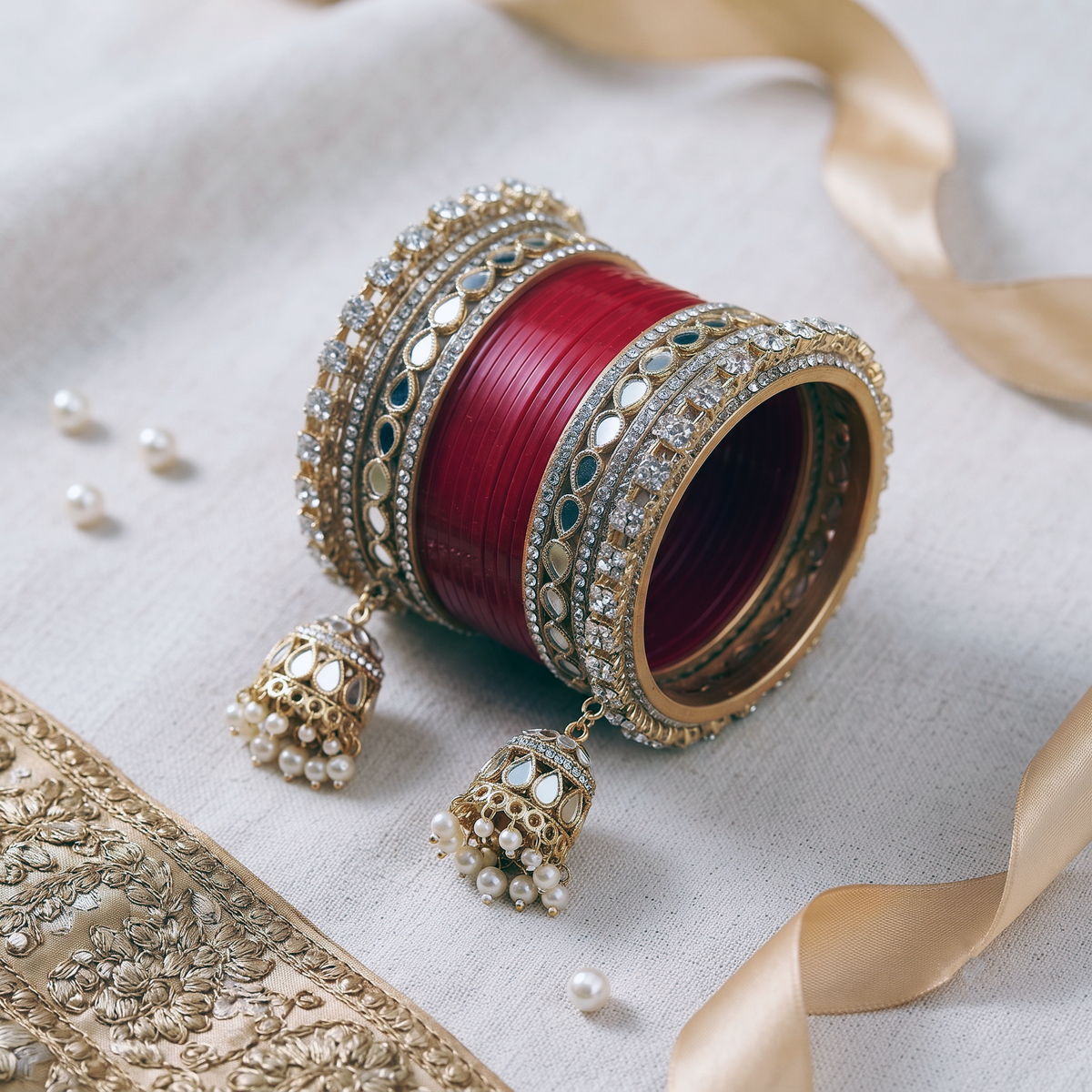 AYSIMA Vedika – Red Bridal Bangle Set with Jhumka Charms - 36 pieces