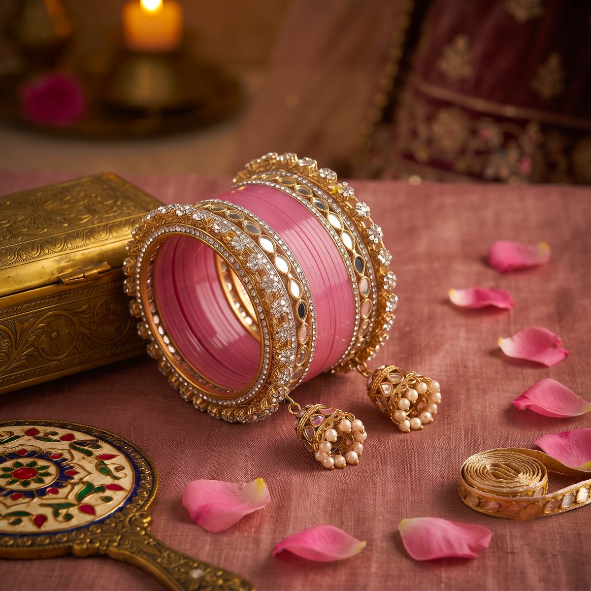 AYSIMA Roshni – Pink Bridal Bangle Set with Mirror-Look Kadas & Jhumka Charms - 36 pieces