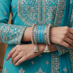 AYSIMA Neelakshi – Aqua Blue Bridal Bangle Set with Mirror-Look Kadas & Jhumka Charms - 40 pieces