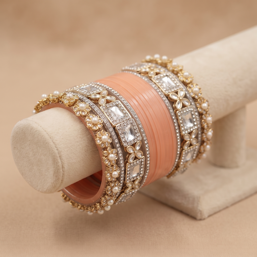 AYSIMA Peach Bridal Bangle Set with Floral Kadas – 36 Pieces