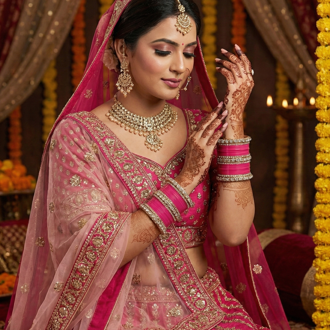 AYSIMA Rani Gulab – Fuchsia Pink 56-Piece Bridal Bangle Set with Statement Kada