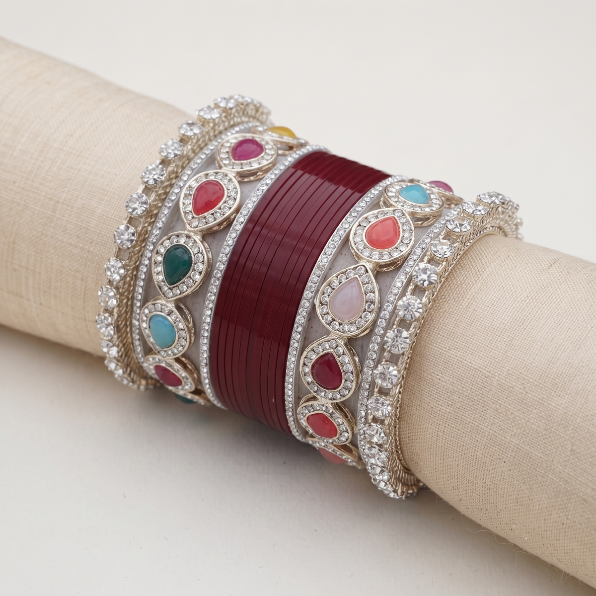 Maroon Bridal Bangles & Multicolour Kadas | AYSIMA Rasika - 36 pieces