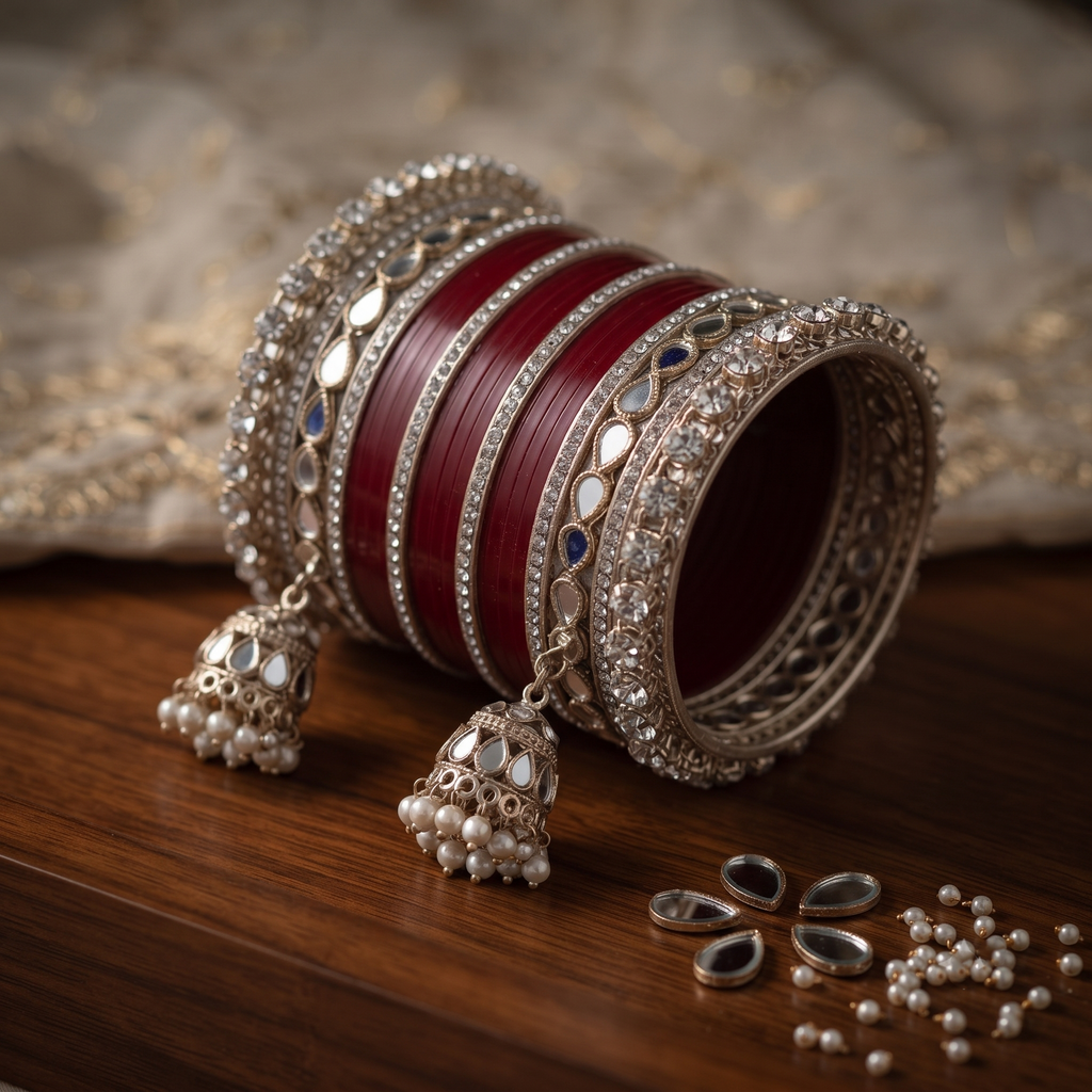 AYSIMA Maithili – Maroon Bridal Bangle Set with Mirror-Look Kadas & Jhumka Charms - 40 pieces