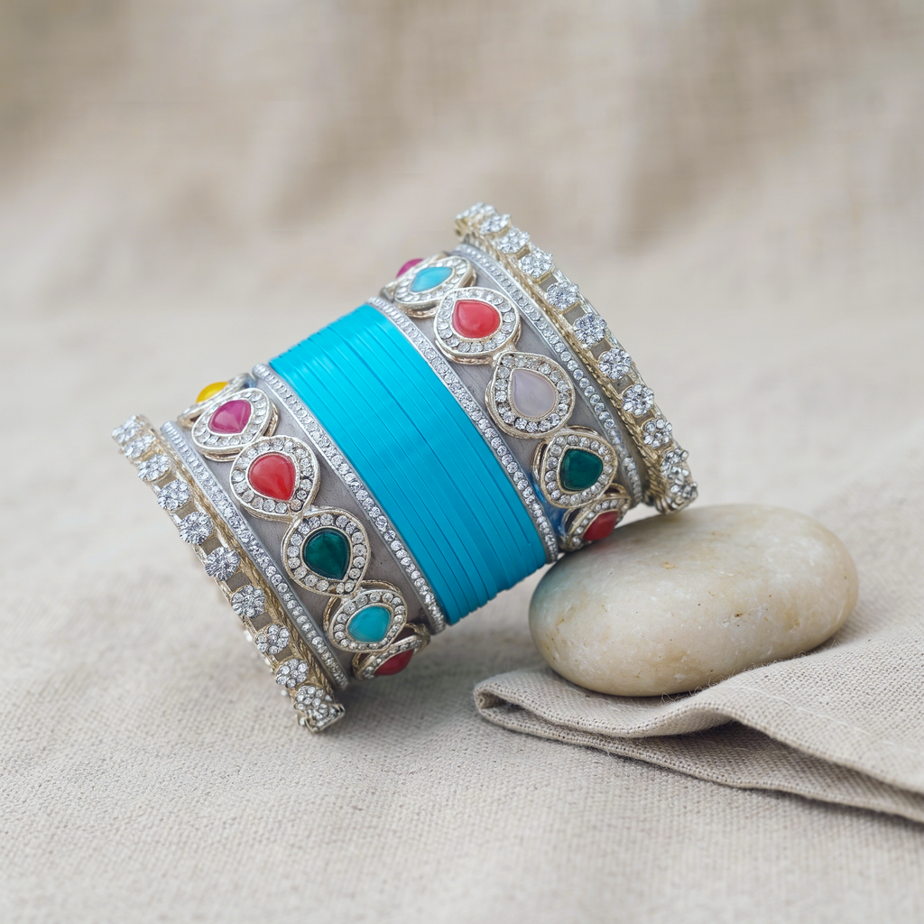 Blue Bridal Bangles & Multicolour Kadas | AYSIMA Yamini - 36 pieces