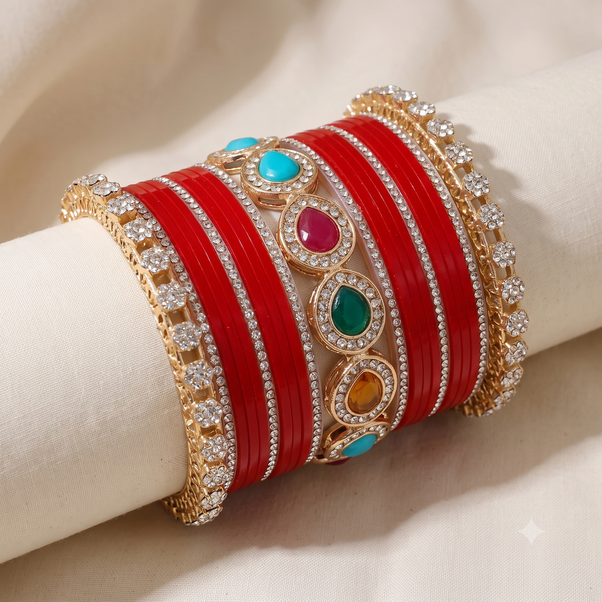AYSIMA Suhaani Red Bridal Bangle Set with Multicolour Kada