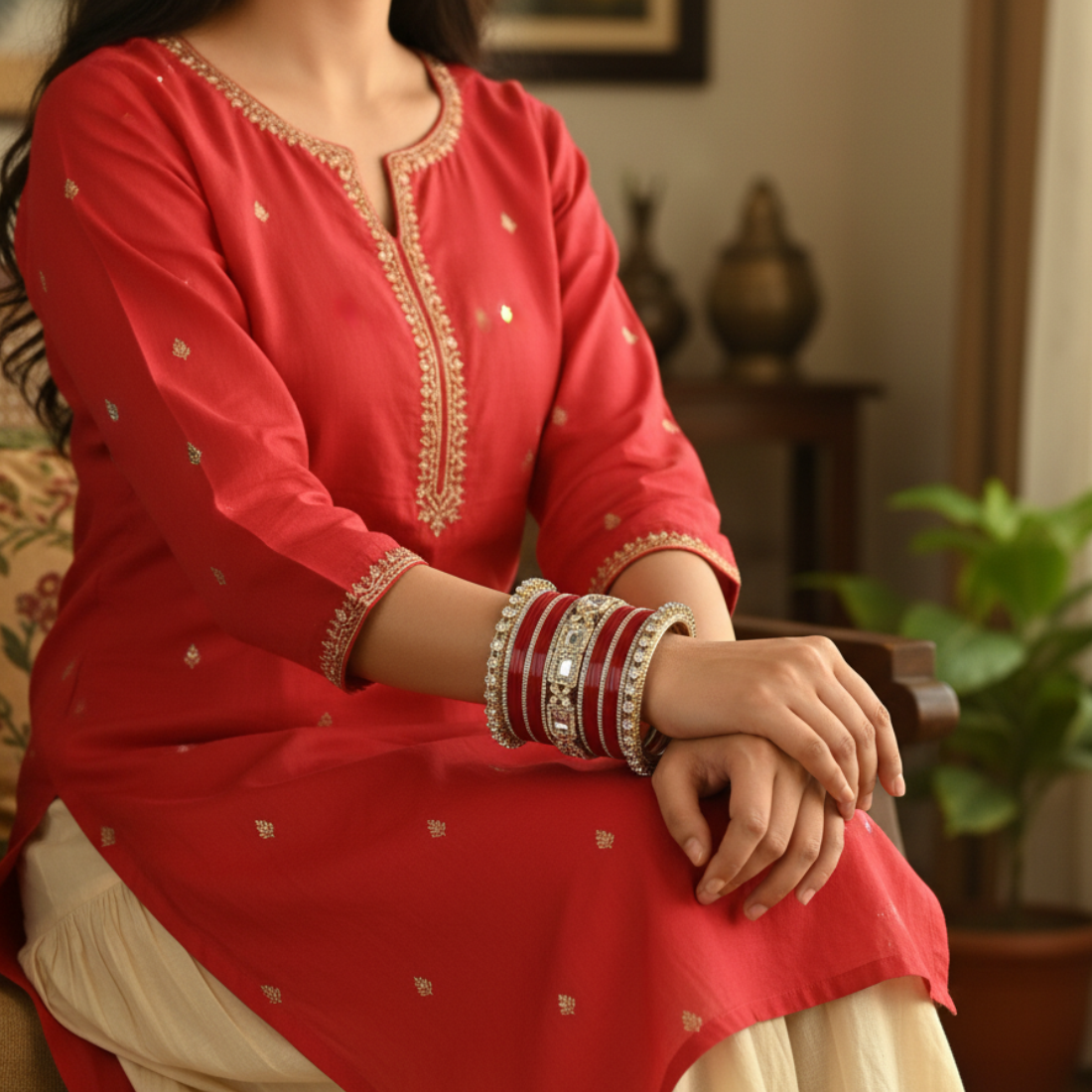 AYSIMA Sindhuri Red Bridal Bangle Set for Women | Traditional Wedding Bangles with Floral Kadas
