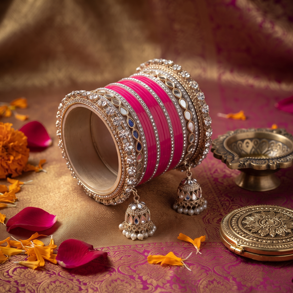 AYSIMA Kashvi – Rani Pink Bridal Bangle Set with Jhumka Charms & Mirror-Look Kadas - 40 pieces