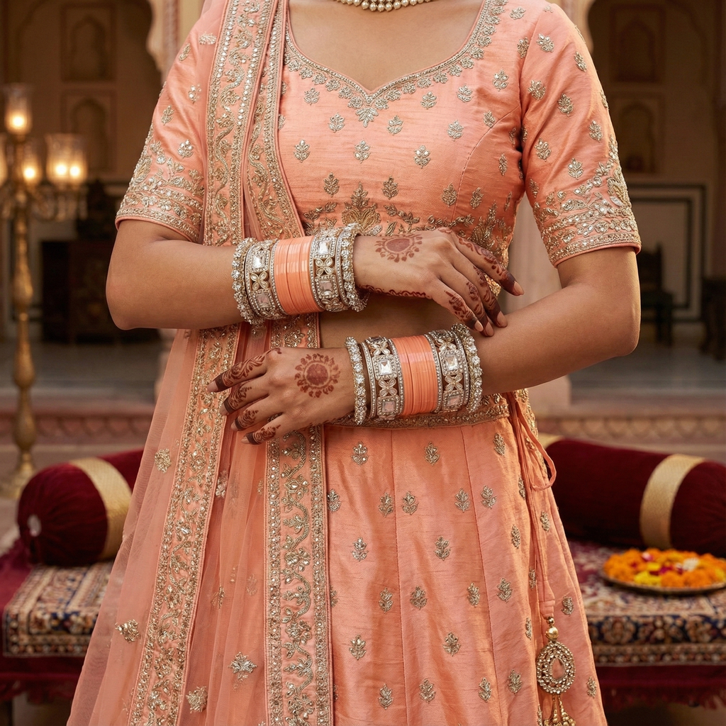 AYSIMA Aarohi – Peach Bridal Chura &amp; Floral Kada Set - 36 pieces