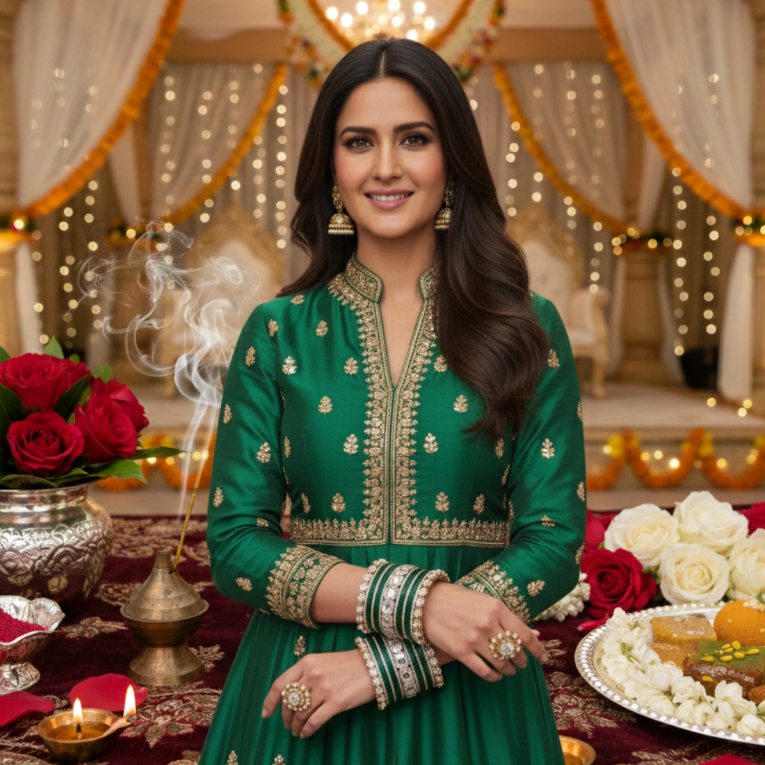 AYSIMA Haritika – Emerald Green Bridal Bangle Set with Statement Kada - 42 pieces