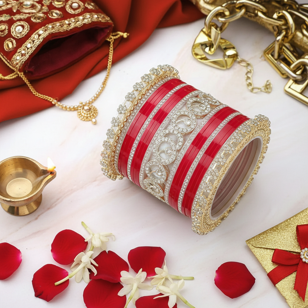 AYSIMA Radhika – Red Bridal Chura Bangles with Gold-Tone Floral Kadas - 42 pieces