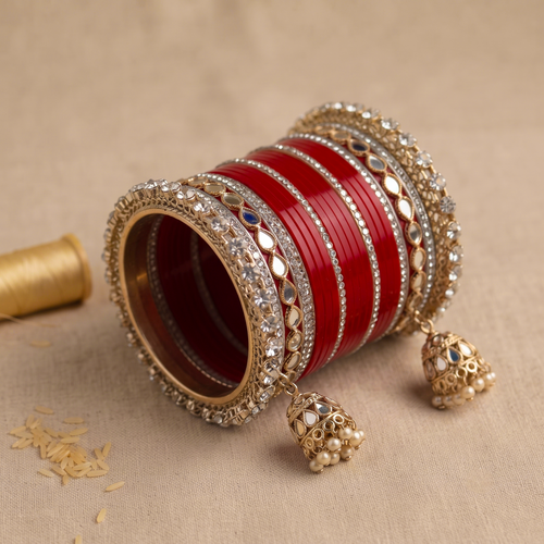 AYSIMA Aaradhya – Red Bridal Chura Bangles with Mirror-Look Kadas & Jhumka Charms - 40 pieces