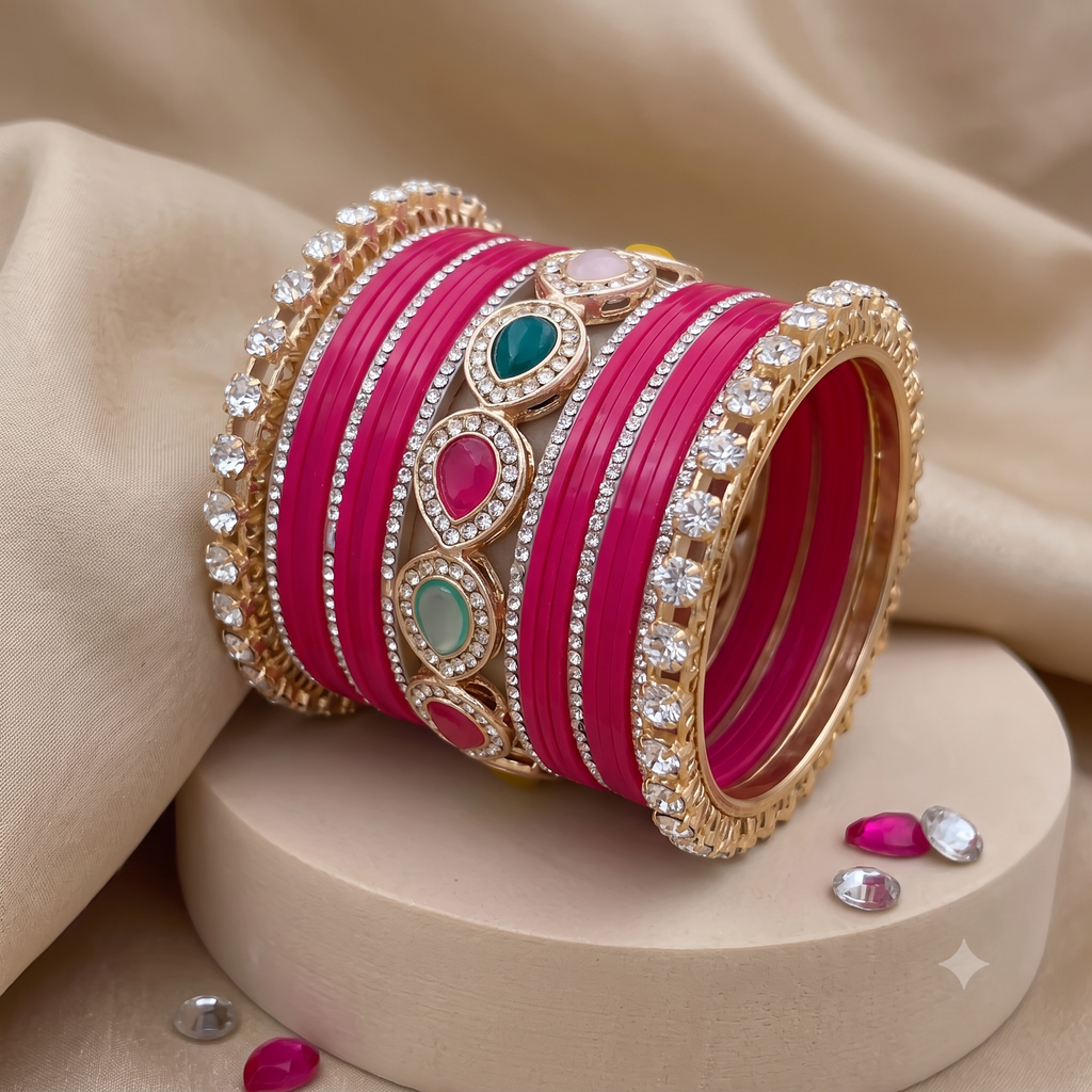 AYSIMA Rageshri Rani Pink Bridal Bangle Set with Multicolour Kada