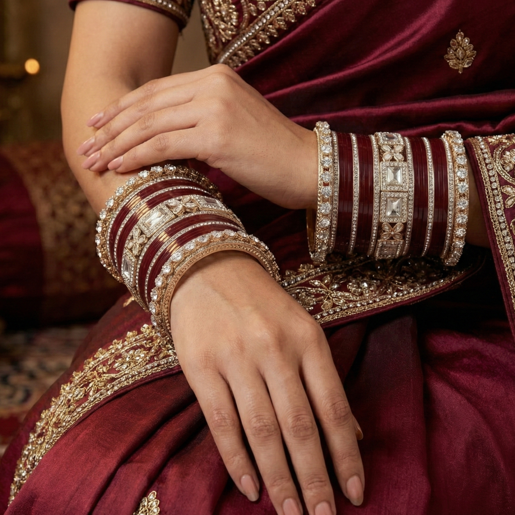AYSIMA Raagini Maroon Bridal Bangle Set for Women | Wedding Bangles & Floral Kadas