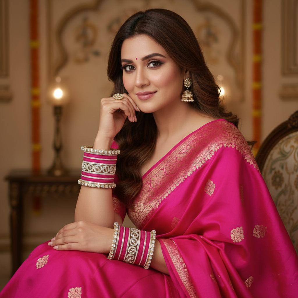 AYSIMA Pranavi – Rani Pink Bridal Bangle Set with Gold-Tone Kadas - 42 pieces