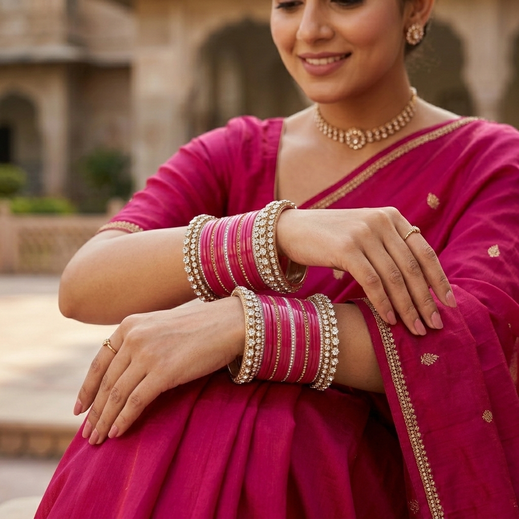 AYSIMA Manjari – Rani Pink Bridal Bangle Set with Floral Kadas | 42 Pieces
