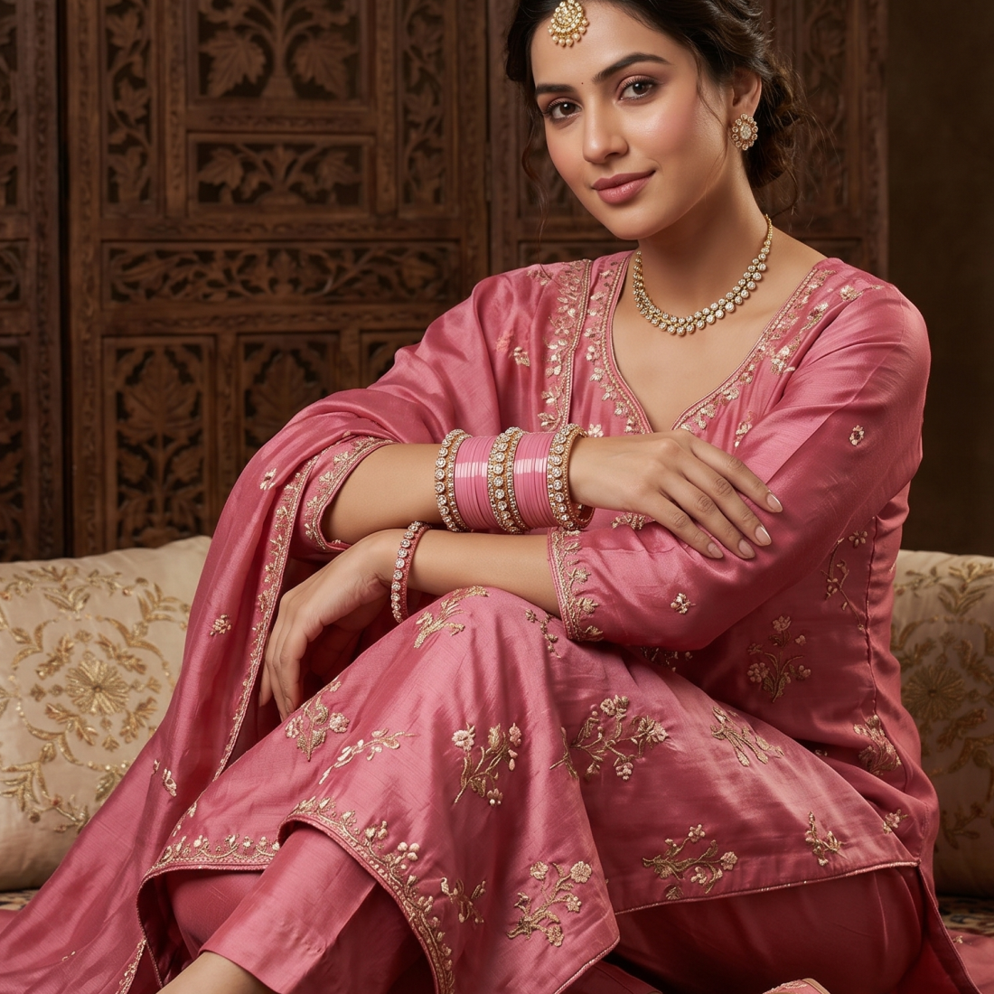 AYSIMA Padmika Pink Bridal Bangle Set with Floral Kadas - 56 pieces
