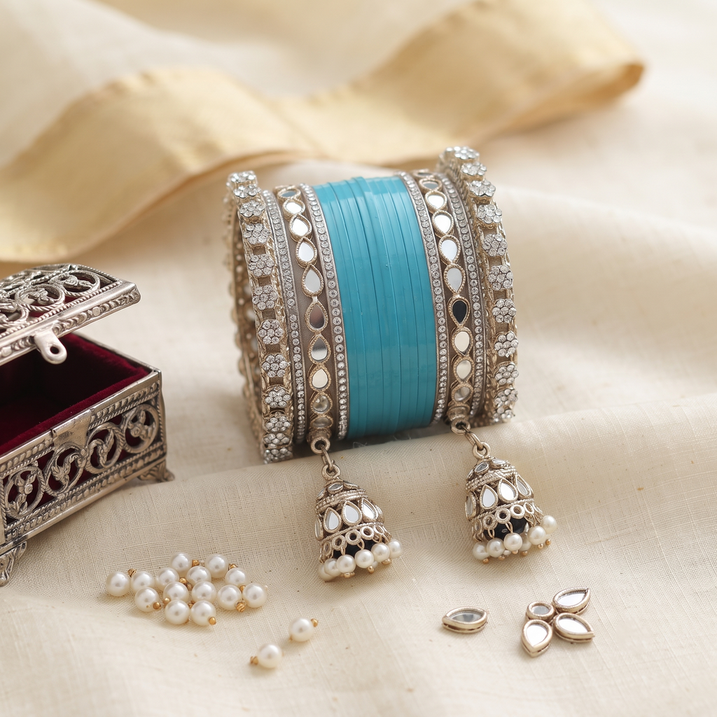 AYSIMA Sagarika – Aqua Blue Bridal Bangle Set with Jhumka Charms - 36 pieces