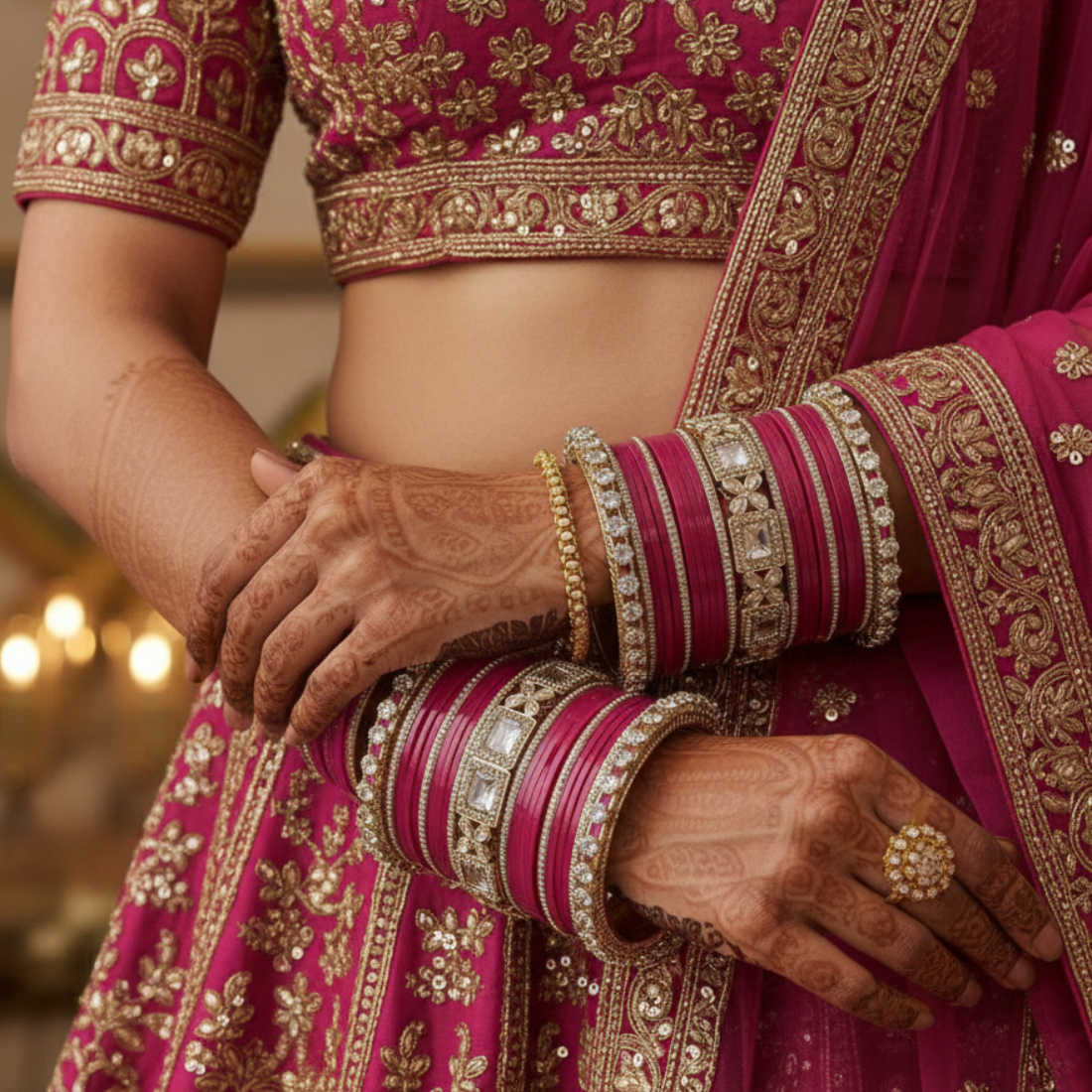 AYSIMA Rangini Rani Pink Bridal Bangles for Women | Floral Kada Wedding Bangle Set