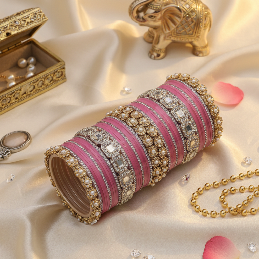 AYSIMA Roopika – Pink Bridal Bangle Set with Statement Kada - 42 pieces