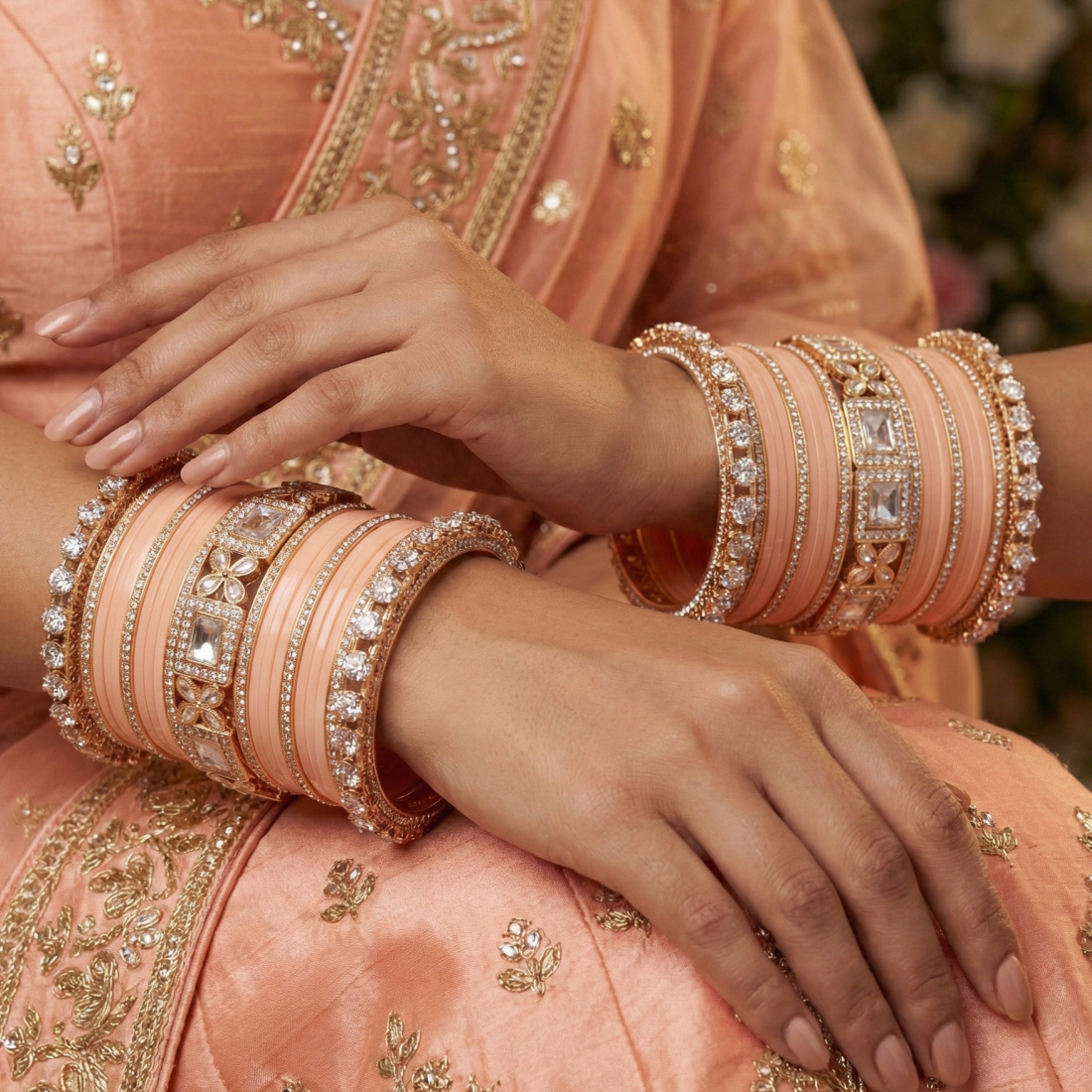 AYSIMA Anvika Peach Bridal Bangle Set for Women | Wedding Bangles & Floral Kadas
