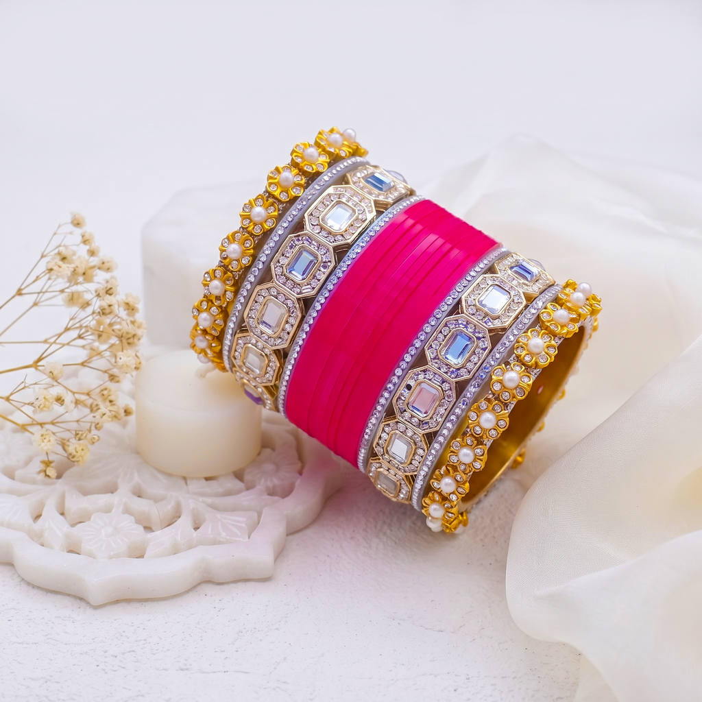 AYSIMA Rani Glow – Hot Pink 36-Piece Designer Bangle Set with Kadas