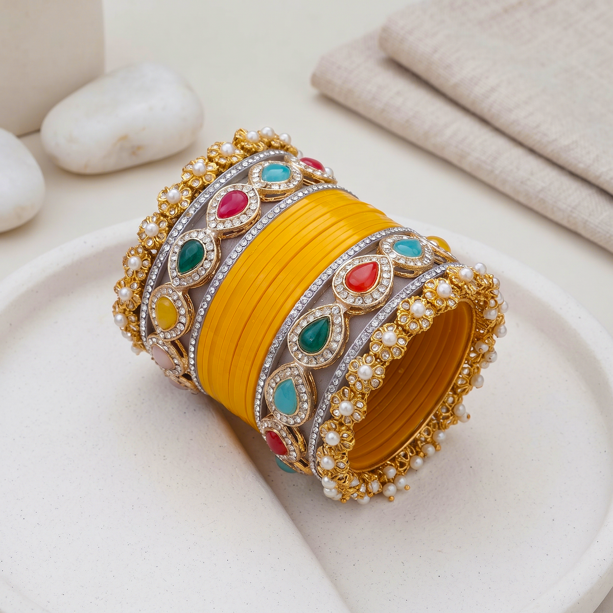 AYSIMA Yellow Haldi Bangle Set with Multicolour Kadas - 36 pieces