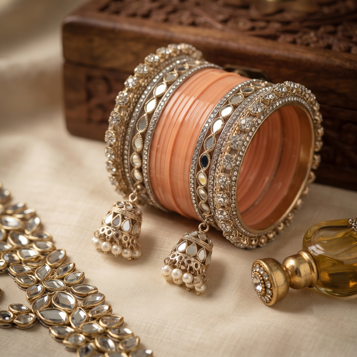 AYSIMA Mihika – Peach Bridal Bangle Set with Mirror-Look Kadas & Jhumka Charms - 36 pieces