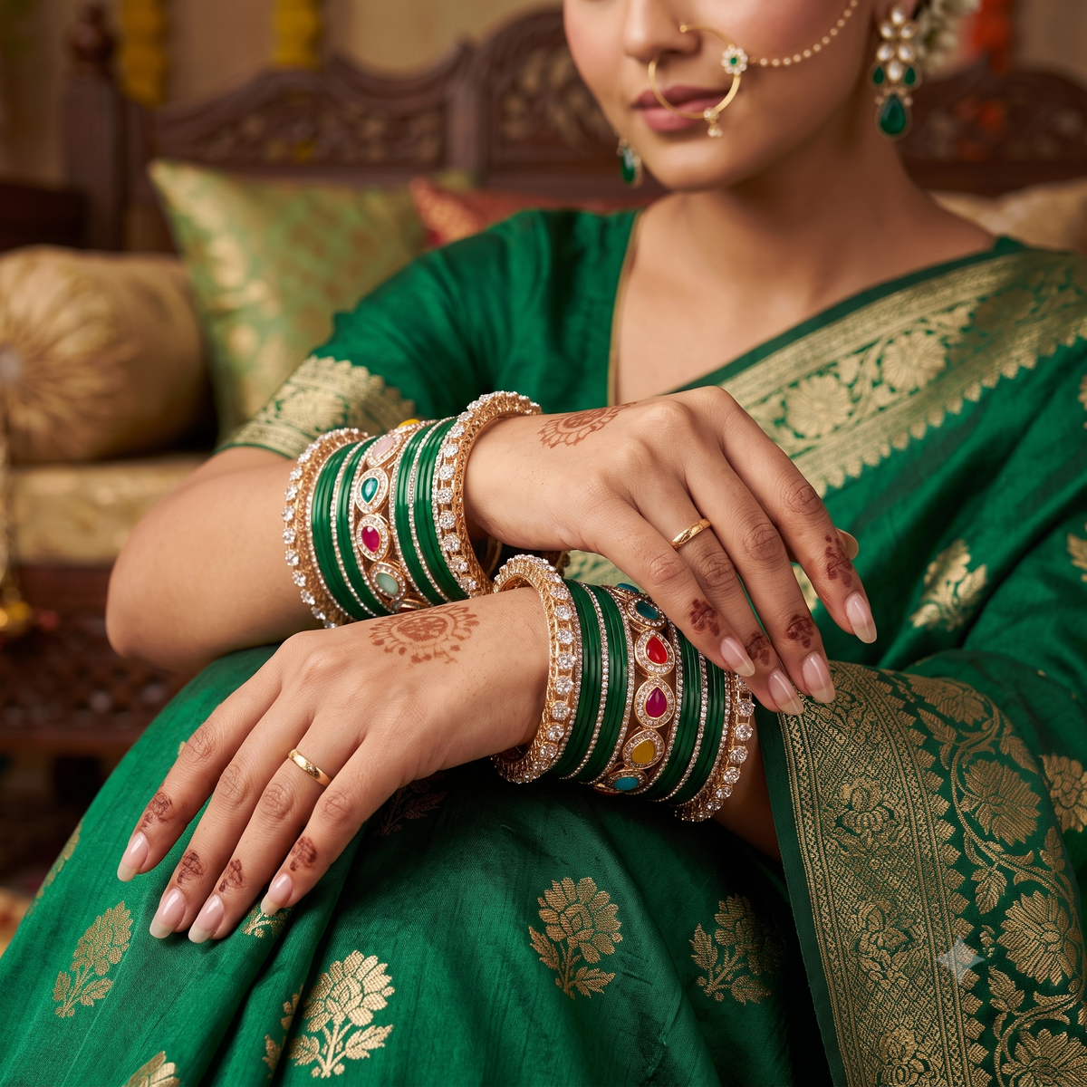 AYSIMA Harini Green Bridal Bangle Set with Multicolour Kadas