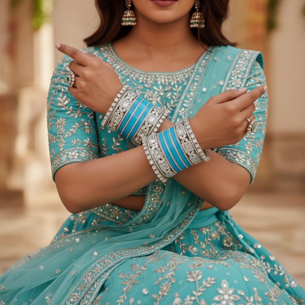 AYSIMA Niharika – Turquoise Blue Bridal Bangle Set with Floral Kadas - 40 pieces