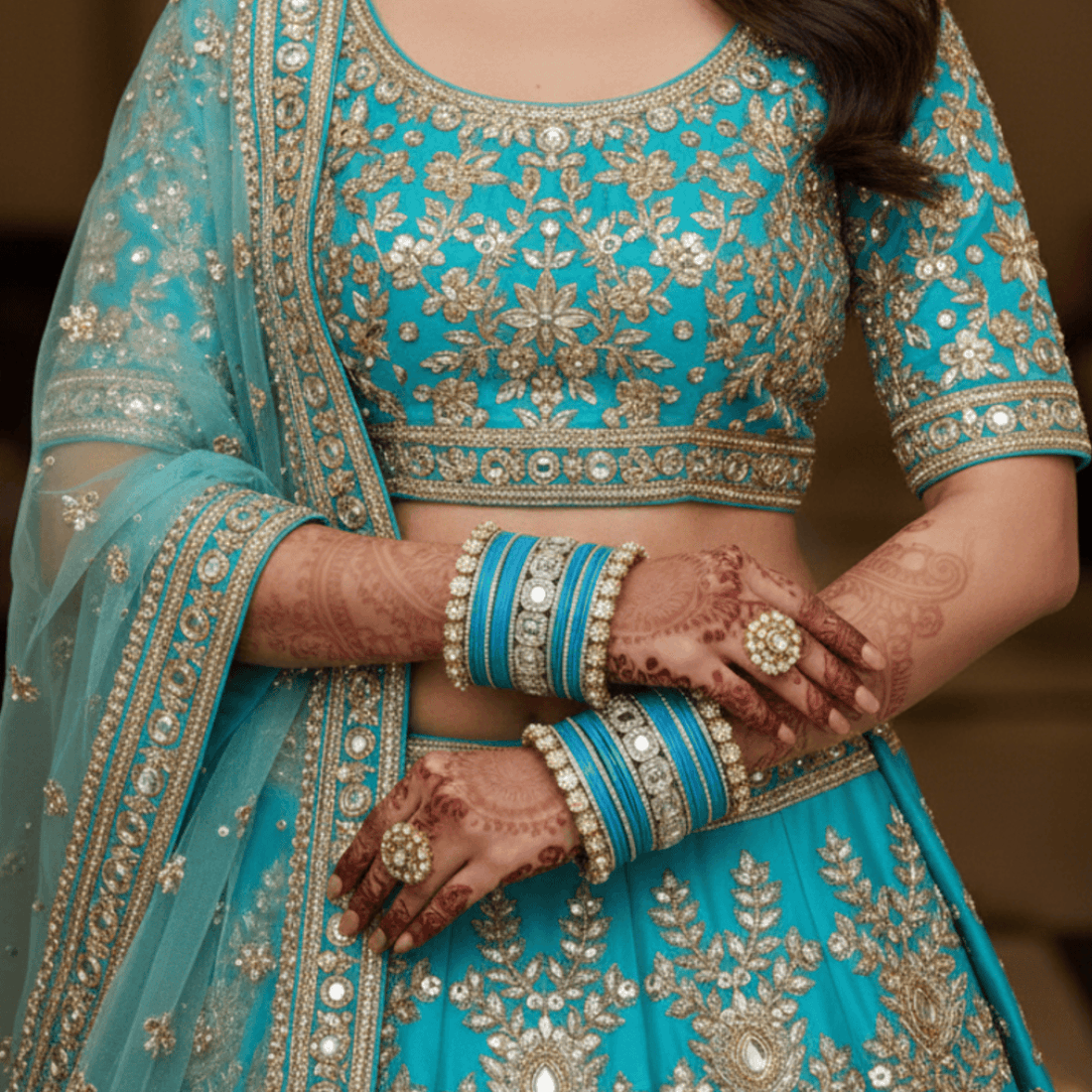 AYSIMA Sapphire Teal Royale – Blue 42-Piece Bridal Bangle Set with Statement Kada