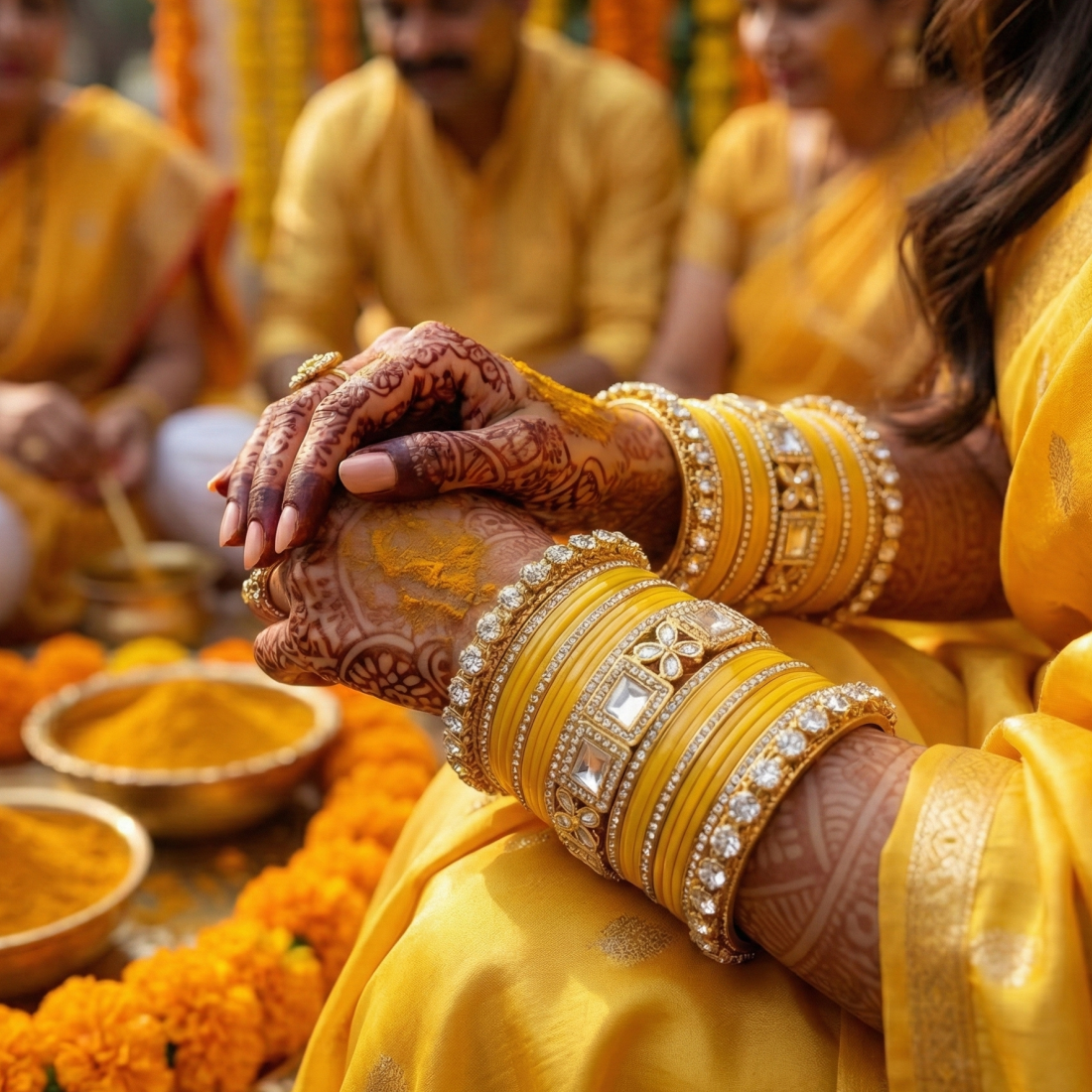 AYSIMA Peetika Yellow Haldi Bangle Set for Women | Bridal Bangles & Floral Kadas