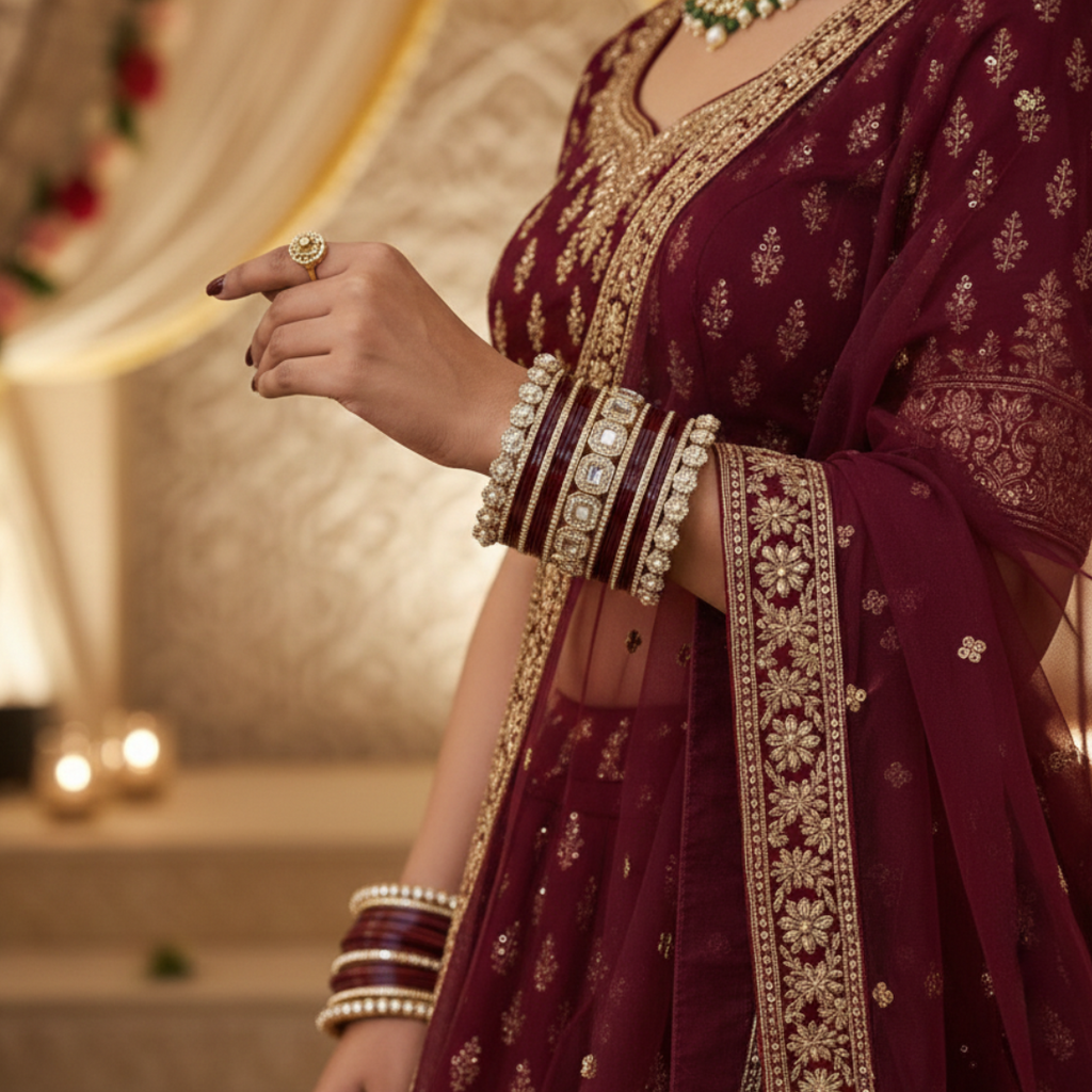 AYSIMA Rajvalli – Maroon Bridal Bangle Set with Statement Kada - 42 pieces