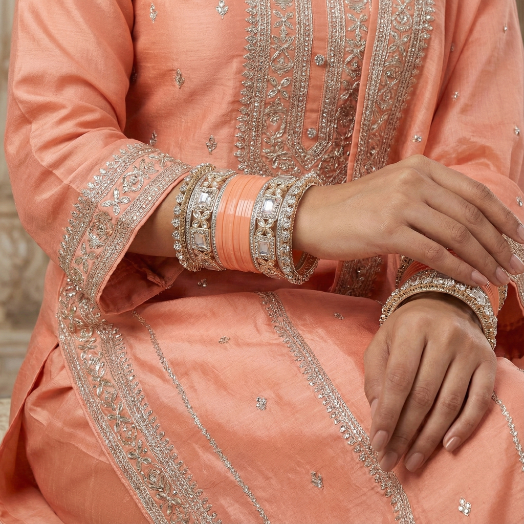AYSIMA Aarohi – Peach Bridal Chura &amp; Floral Kada Set - 36 pieces