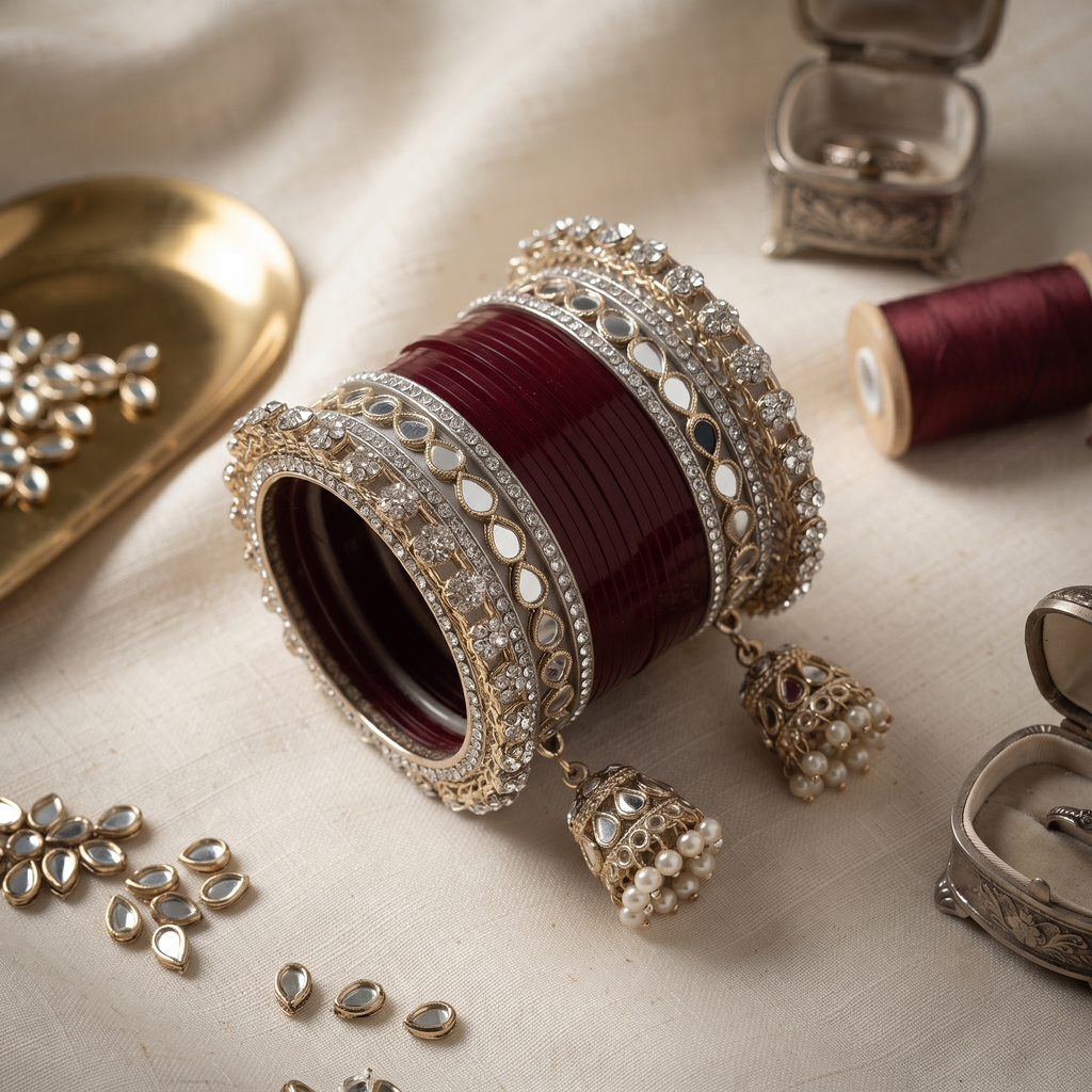 AYSIMA Anuradha – Maroon Bridal Bangle Set with Jhumka Charms - 36 pieces