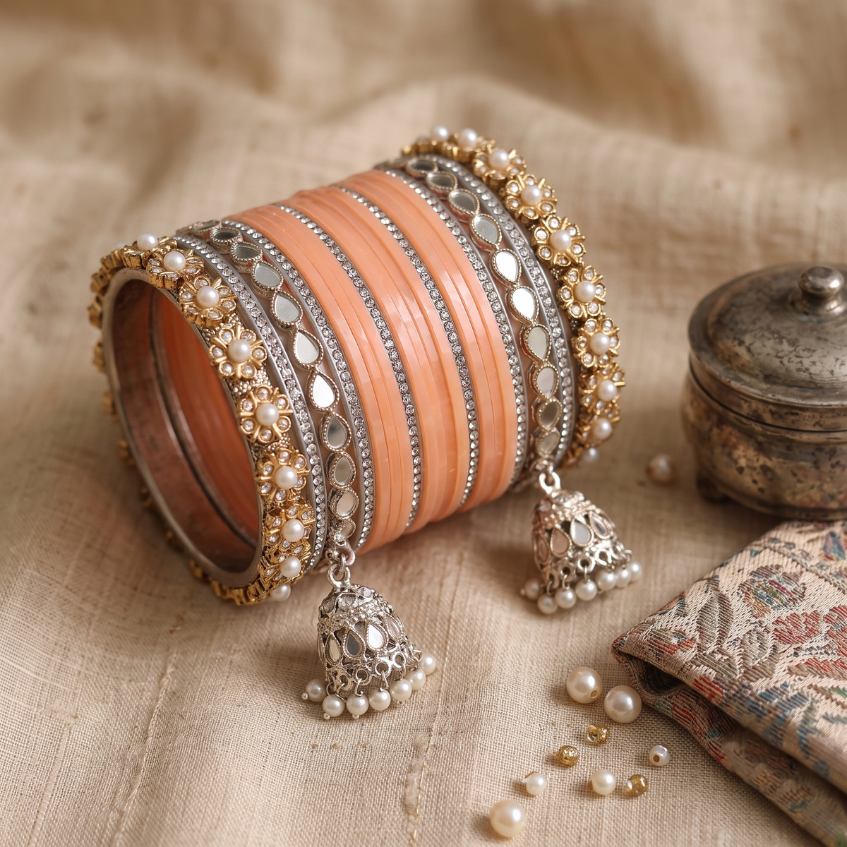 AYSIMA Peach Bridal Chura & Kangan Bangle Set – 40 Pieces