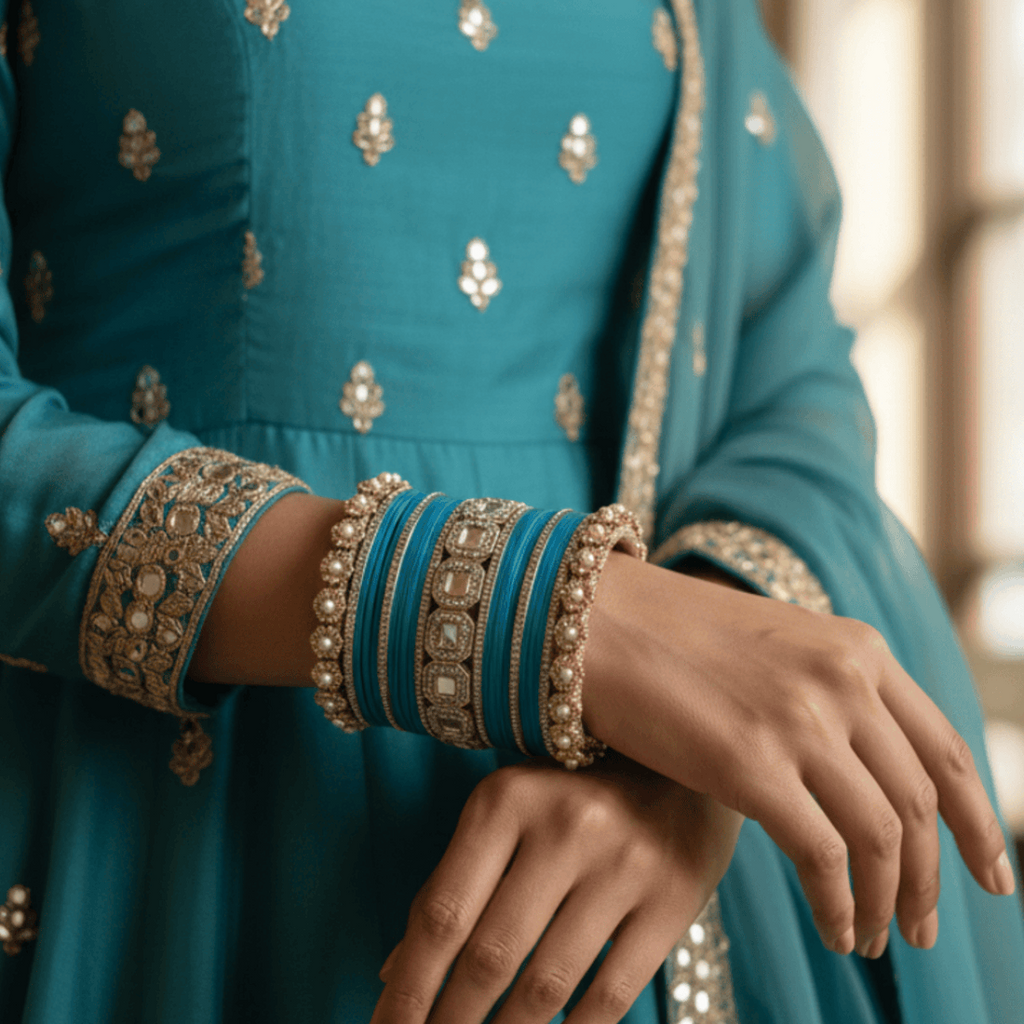AYSIMA Sapphire Teal Royale – Blue 42-Piece Bridal Bangle Set with Statement Kada
